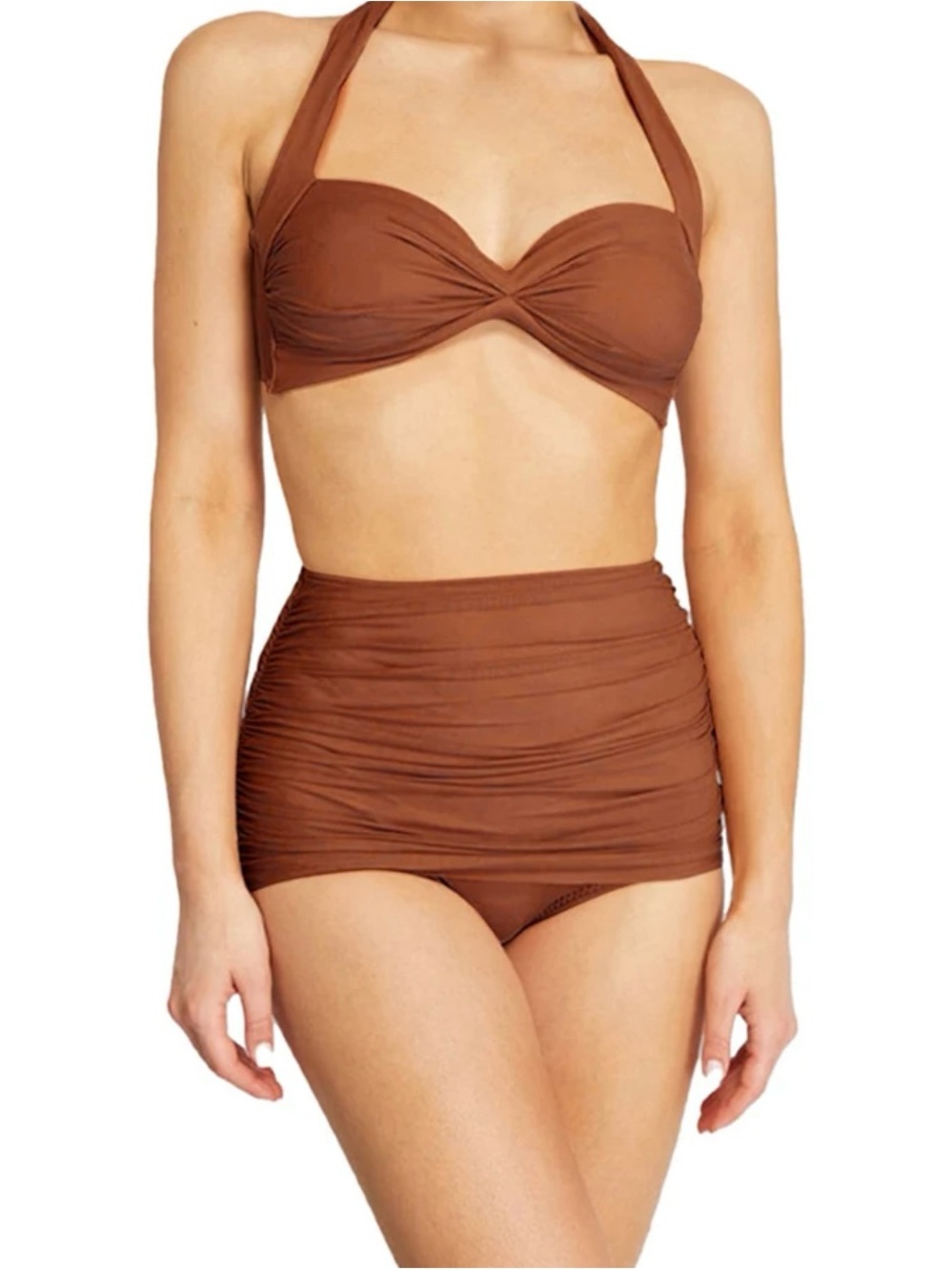 Ruched High-Waist Twist Bandeau Bikini Set — Brown